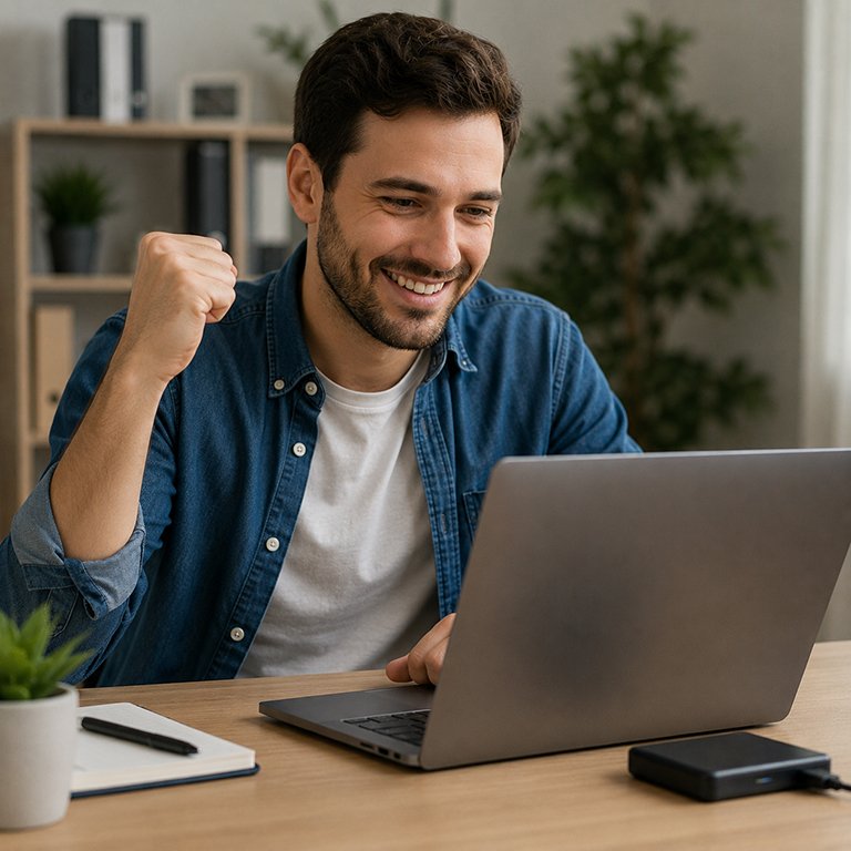 Uomo sorridente guarda il computer dopo aver recuperato con successo i dati dal proprio dispositivo