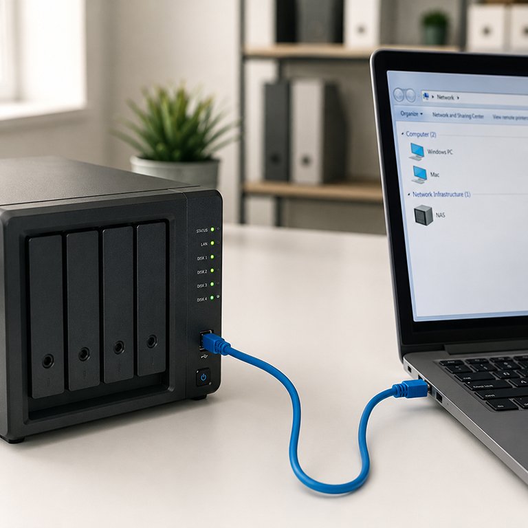 NAS collegato tramite cavo di rete Ethernet a un notebook per accesso e salvataggio dei dati aziendali