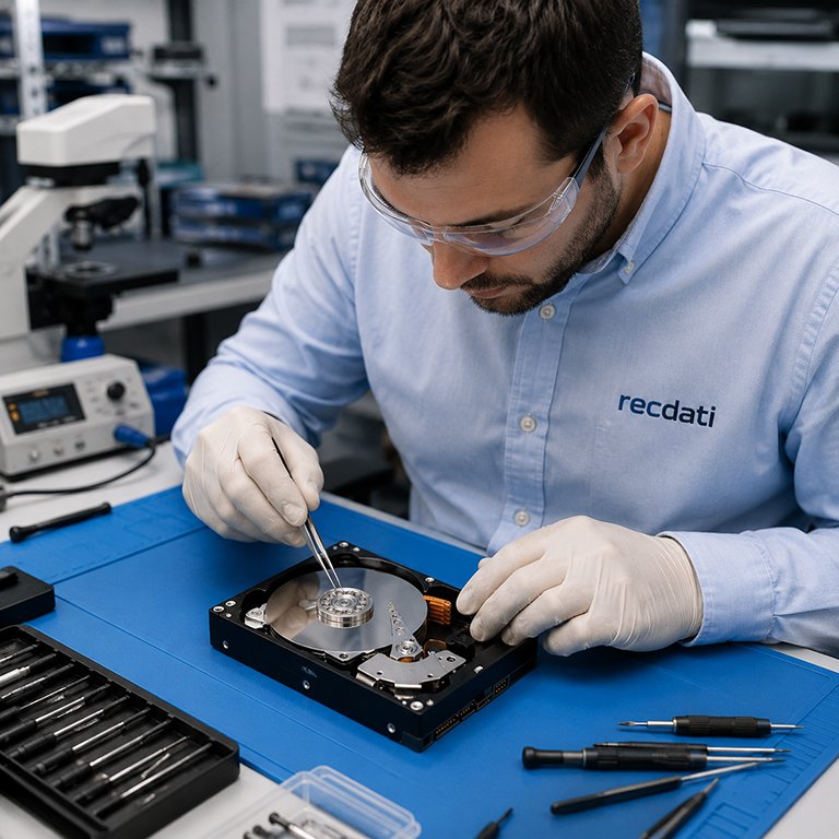 Tecnico specializzato RecDati che ripara un hard disk aperto su tappetino antistatico blu in laboratorio professionale
