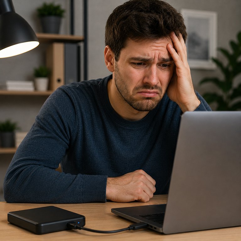 Uomo deluso guarda il computer mentre un hard disk esterno USB collegato non viene rilevato